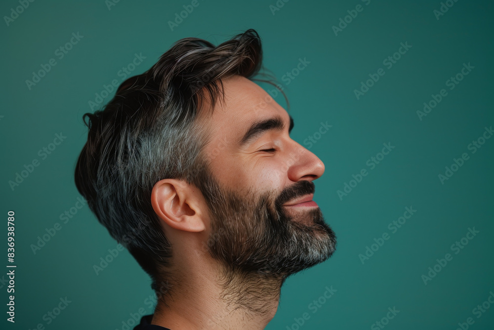 Fototapeta premium A close up of a man with beard and closed eyes looking to a side
