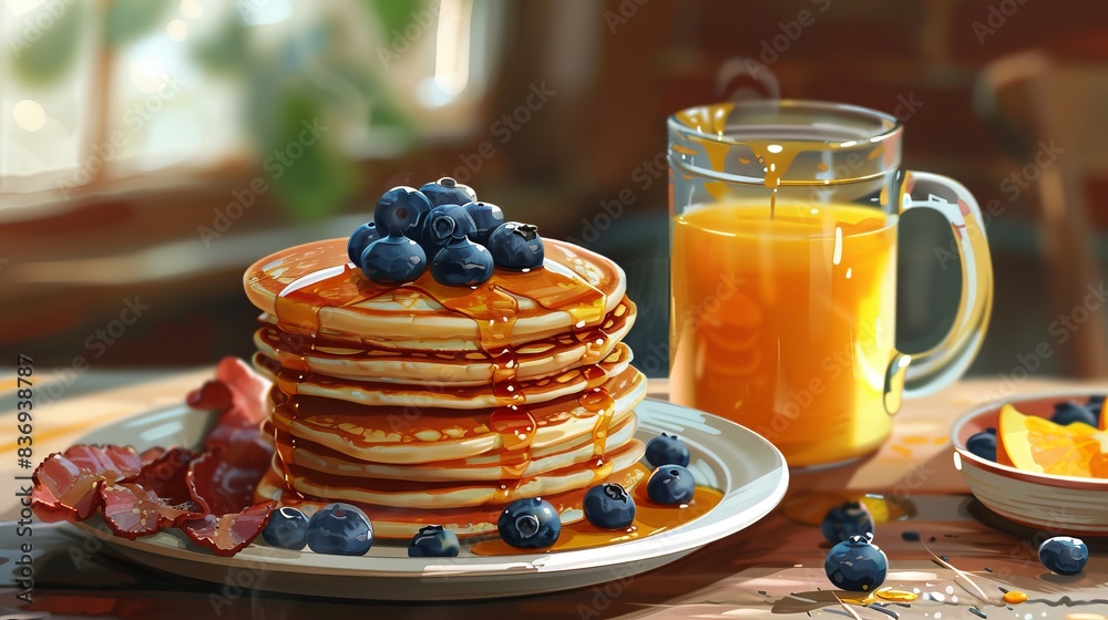 A breakfast scene with a stack of pancakes topped with blueberries and maple syrup, a side of crispy bacon, and a cup of freshly squeezed orange juice, showcasing a classic morning A breakfast scene with a stack of pancakes topped with blueberries and maple syrup, a side of crispy bacon, and a cup of freshly squeezed orange juice, showcasing a classic morning