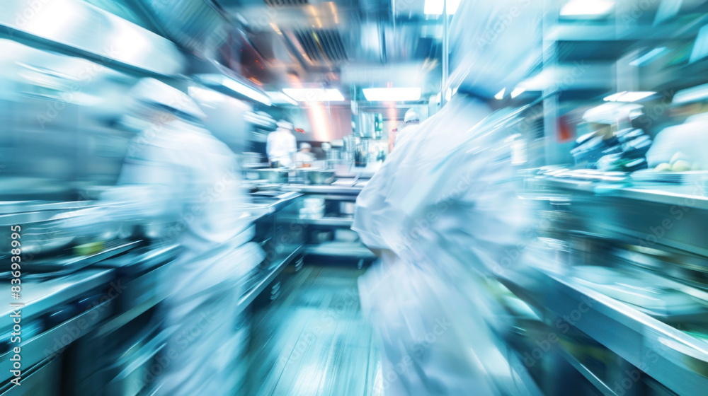 Cooks in commercial kitchen, motion blur. Stressful physical job Cooks in commercial kitchen, motion blur. Stressful physical job