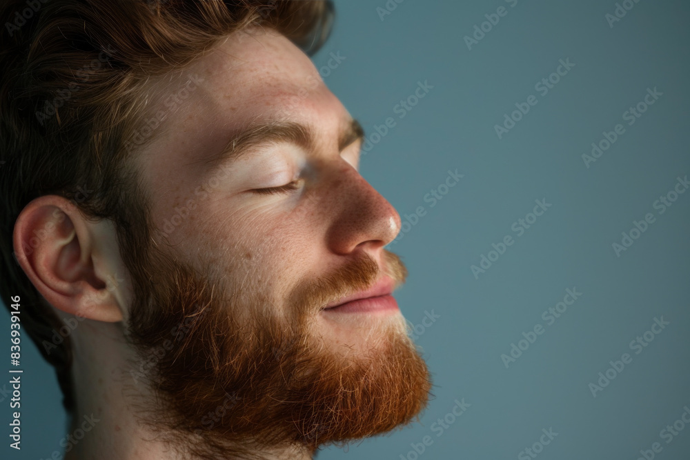 Fototapeta premium A close up of a man with beard and closed eyes looking to a side