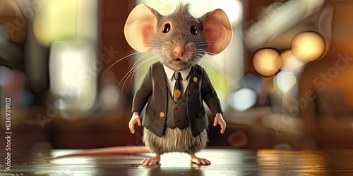 Cute Mouse in Business Suit Standing on Table photo