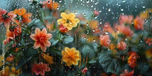 Lovely fall tumble blooms outside the window, trickling rain developing tiny droplets over the glass window lovely fuzzy setting and space, Generative AI. photo