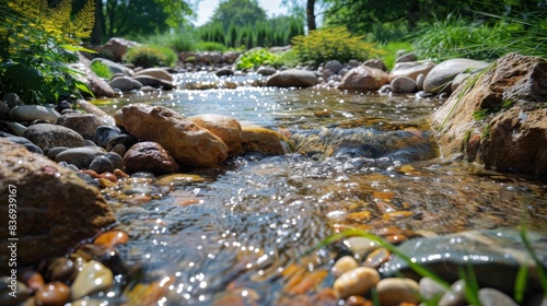 A clear stream flowing through a rejuvenated landscape, with fresh vegetation growing along the banks, symbolizing the renewal of the environment. photo
