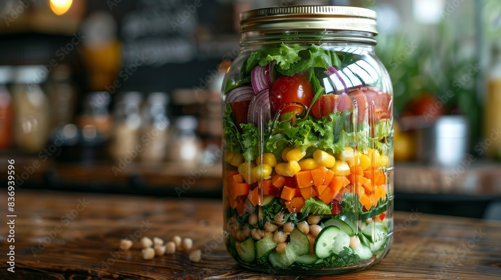 A close-up of a delicious and healthy salad in a glass jar, with fresh ingredients layered beautifully, ready to be enjoyed during a quick lunch break at work. A close-up of a delicious and healthy salad in a glass jar, with fresh ingredients layered beautifully, ready to be enjoyed during a quick lunch break at work.