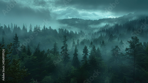 Gloomy landscape - hills covered with forest  fog  overcast  rainy weather