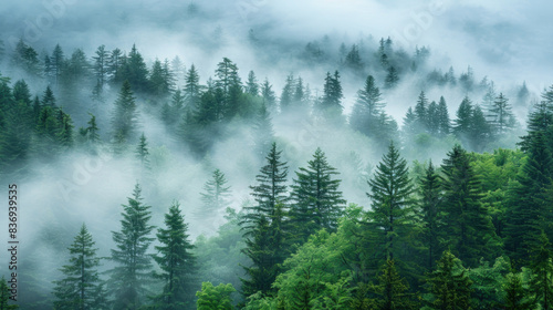 Gloomy landscape - hills covered with forest, fog, overcast, rainy weather