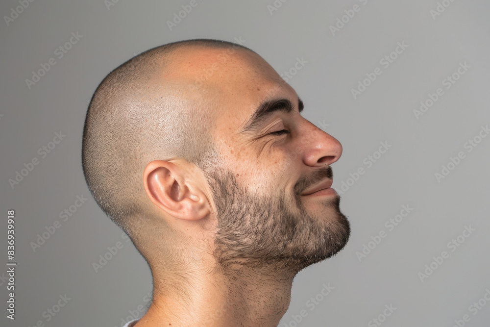 Obraz premium A close up of a man with beard and closed eyes looking to a side