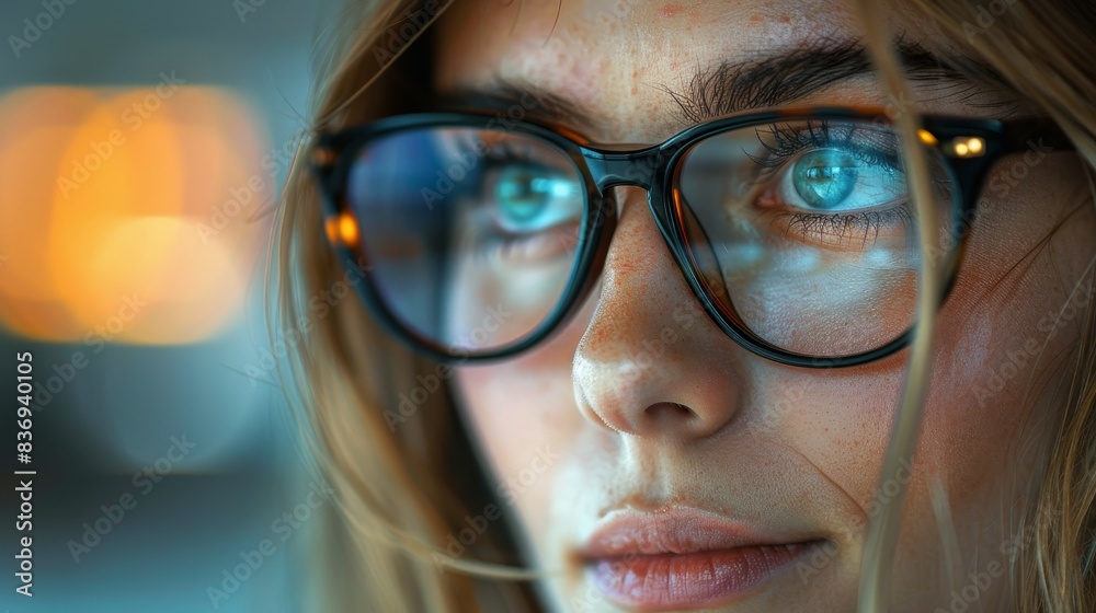 A close-up of a person's face, looking focused and determined while working on a task, with office background blur, symbolizing concentration and productivity in the workplace. A close-up of a person's face, looking focused and determined while working on a task, with office background blur, symbolizing concentration and productivity in the workplace.