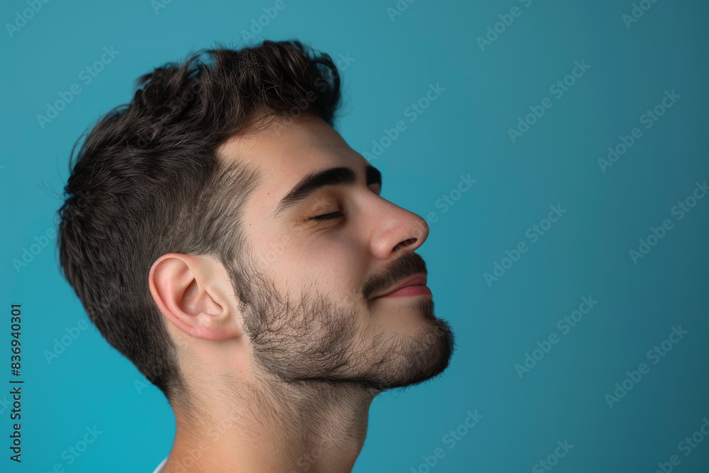 A close up of a man with beard and closed eyes looking to a side A close up of a man with beard and closed eyes looking to a side