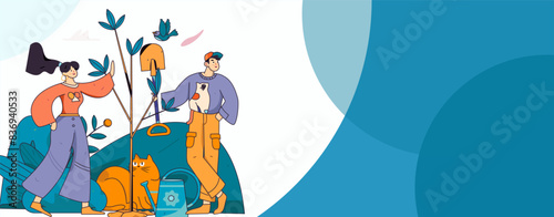 Flat character vector concept operation hand drawn illustration of planting trees on Arbor Day in spring
