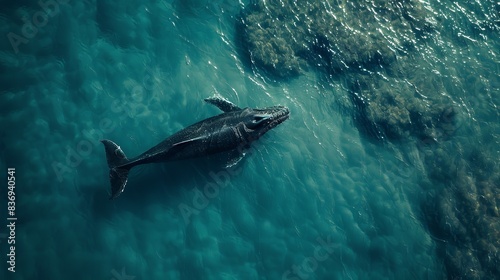 A overhead view of a whale on a clean blue sea water backdrop with a big space for text or product advertisement purpose and detailed water splashes, Generative AI. photo