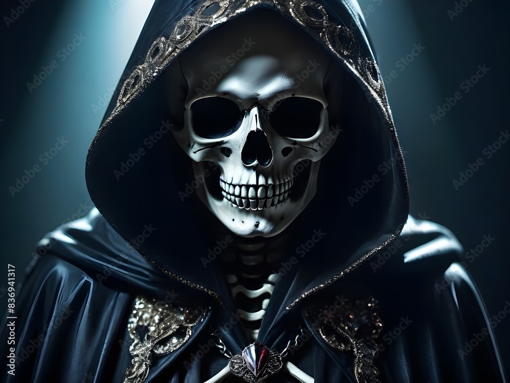 Grim reaper, portrait of a skull in the hood over black background Grim reaper, portrait of a skull in the hood over black background