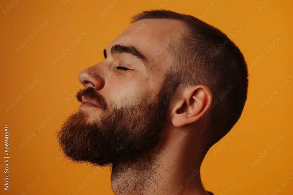 Obraz premium A close up of a man with beard and closed eyes looking to a side