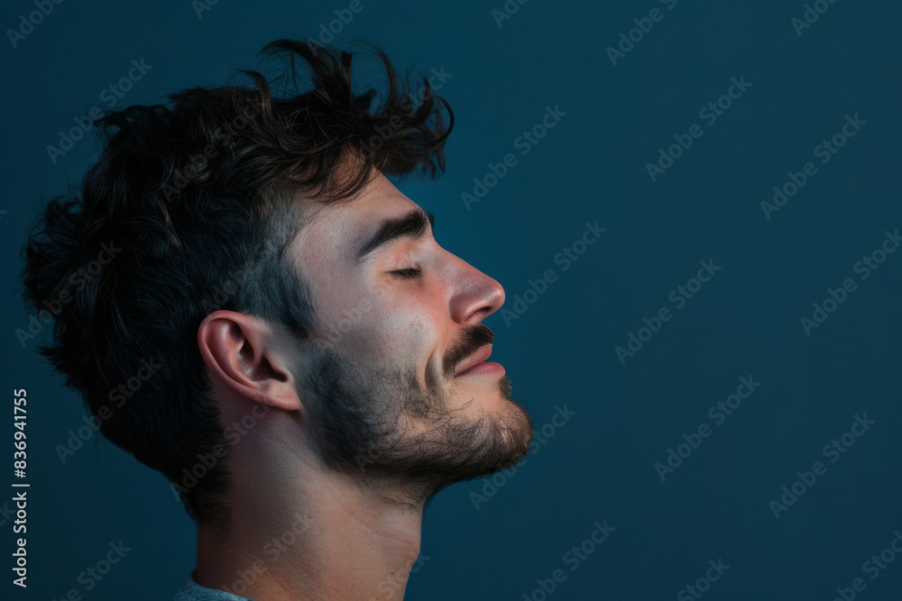 A close up of a man with beard and closed eyes looking to a side A close up of a man with beard and closed eyes looking to a side