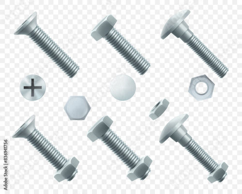 Set of steel bolts and hex nut isolated on white background. Realistic 3d stainless steel bolt and nut icon. screw-nuts and bolts. Isometric vector illustration