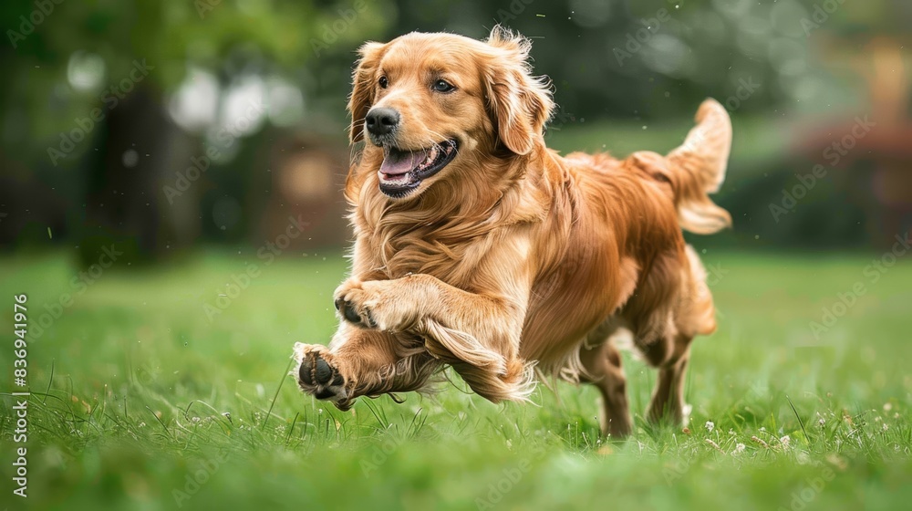 A dog playing fetch on a green lawn, with the grass bending under its paws as it runs enthusiastically.