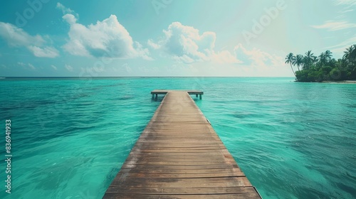 A wide perspective of a holiday paradise  featuring a wooden jetty extending into turquoise waters  distant palm trees swaying in the soft light of a serene day.