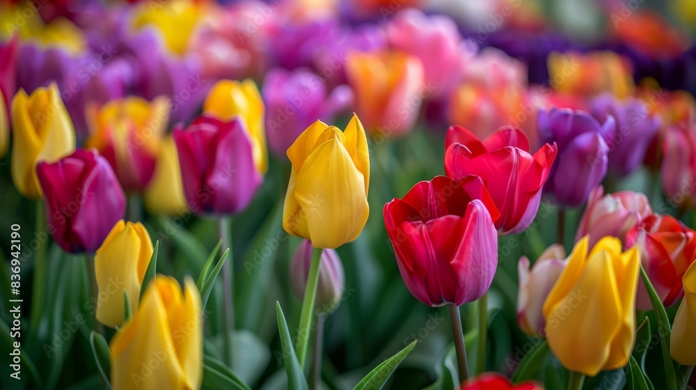 A field of tulips in various colors, including red, yellow, and purple, in full bloom, creating a colorful tapestry of flowers.