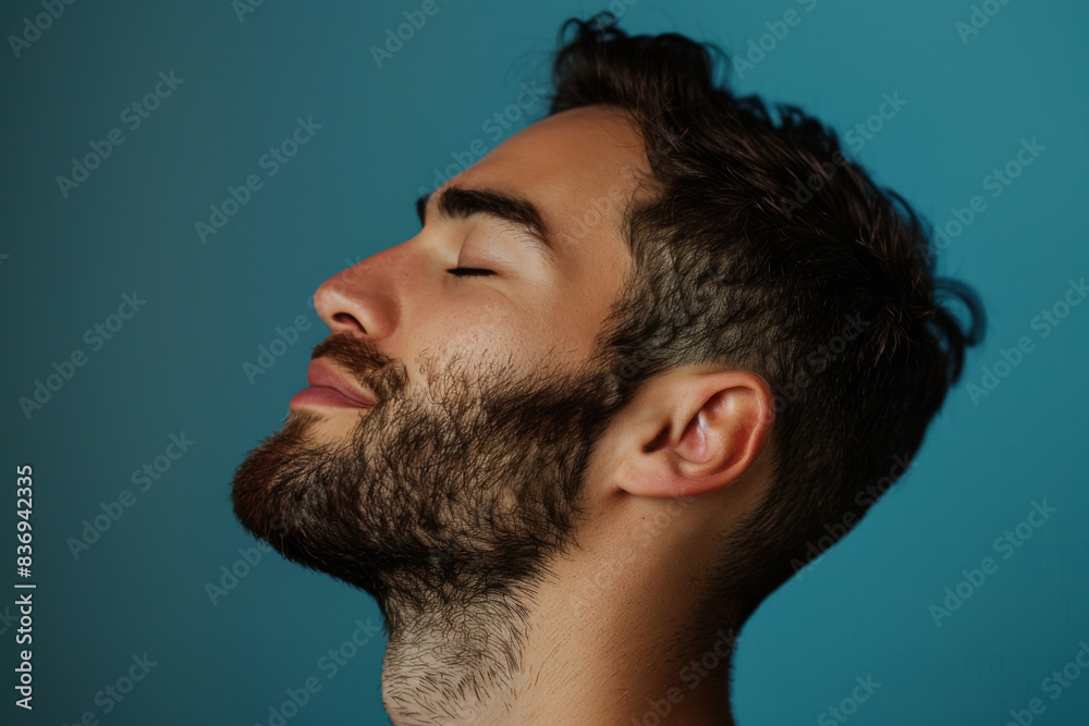 Obraz premium A close up of a man with beard and closed eyes looking to a side