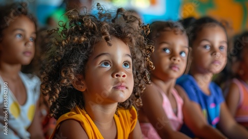 A group of children participating in a storytelling session at a daycare, sitting attentively around the storyteller with wide eyes and engaged expressions.