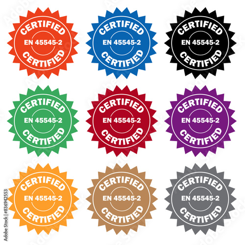 Set of Labels certified EN 45545-2. Sticker with transparent background. Various colours. Badge fire protection for railway vehicles. label illustration. Stock vector