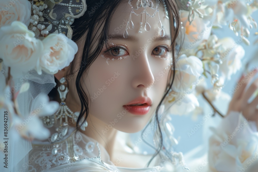 A floral beautiful portrait of a woman model with black hair in pink and natural makeup style is surrounded by blooming pink Sakura or cherry blossom flowers and branches in spring season. A floral beautiful portrait of a woman model with black hair in pink and natural makeup style is surrounded by blooming pink Sakura or cherry blossom flowers and branches in spring season.