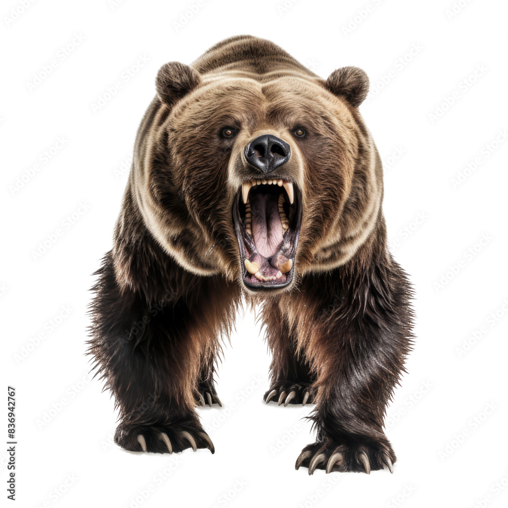 Fototapeta premium Fierce Grizzly Bear Standing Alert in Wild Landscape: Capture the Raw Power and Majestic Presence of Nature's Predator in This Striking Photographic Image.