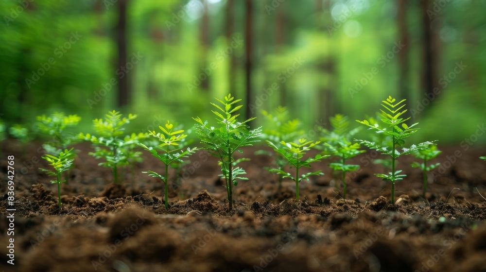 A group of young trees planted in neat rows, showing the concept of reforestation and environmental conservation efforts. A group of young trees planted in neat rows, showing the concept of reforestation and environmental conservation efforts.