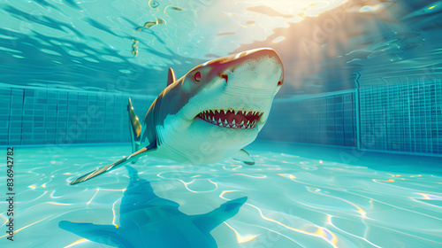 A shark with glowing light under an swiming pool Shark Behavior blue water on background
 photo