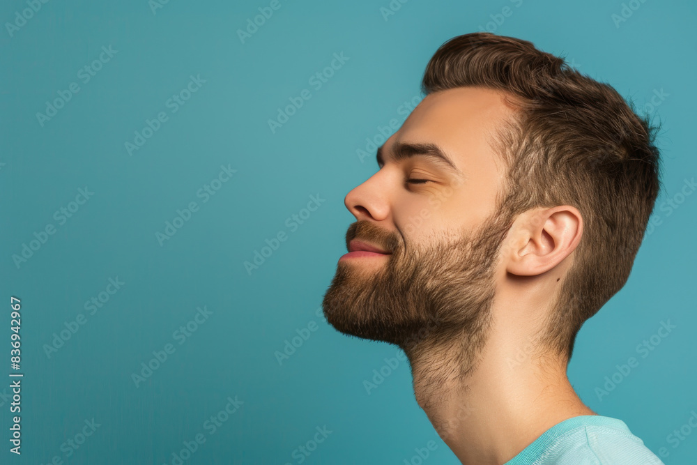 A close up of a man with beard and closed eyes looking to a side A close up of a man with beard and closed eyes looking to a side