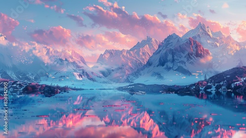 A high-altitude landscape  with snow-capped peaks and glaciers  reflecting the pink hues of a sunrise.