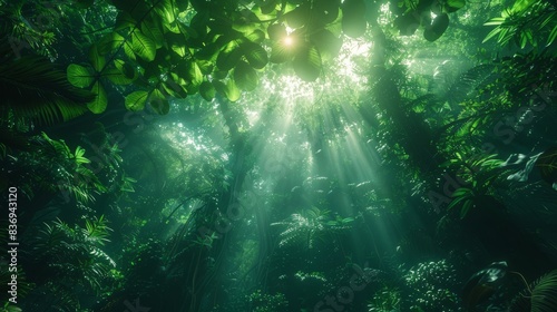 A lush green forest canopy viewed from below, with sunlight filtering through the leaves, highlighting the dense foliage and vibrant vegetation. © MAY