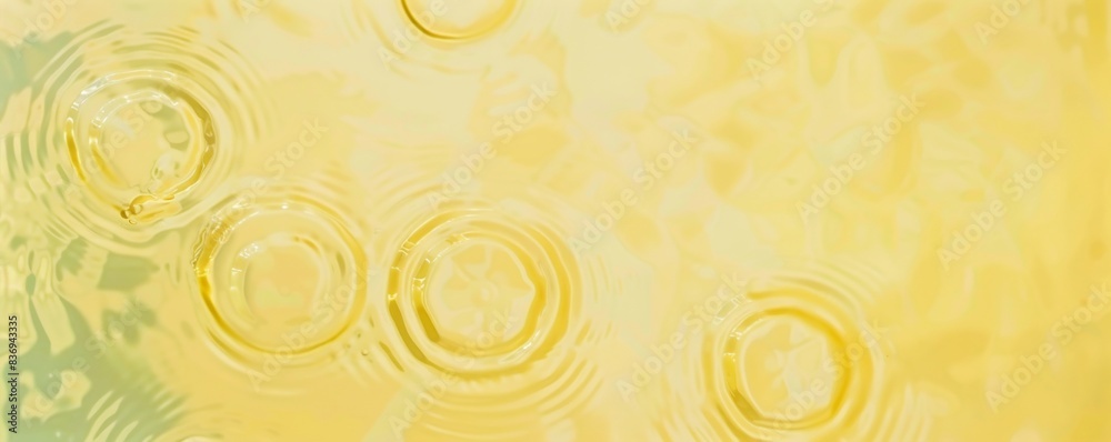Fototapeta premium Yellow liquid top view. Water surface with gentle ripples and concentric rings, capturing the serene and refreshing essence of calm water