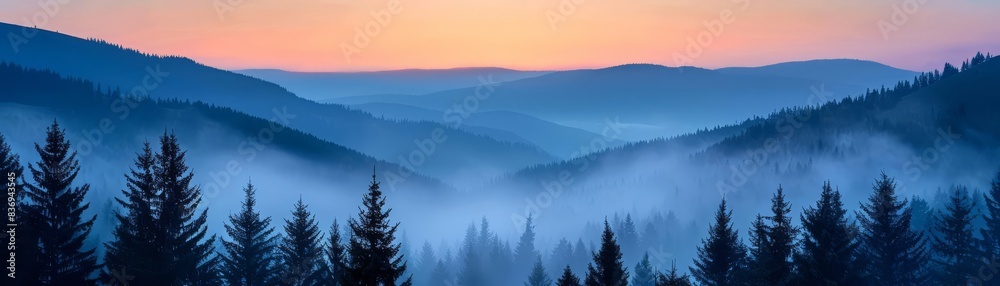 Dramatic dawn breaking over a misty mountain range, the silhouettes of trees adding depth and mystery, great for adventure and outdoor gear ads Dramatic dawn breaking over a misty mountain range, the silhouettes of trees adding depth and mystery, great for adventure and outdoor gear ads