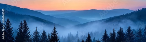 Dramatic dawn breaking over a misty mountain range, the silhouettes of trees adding depth and mystery, great for adventure and outdoor gear ads