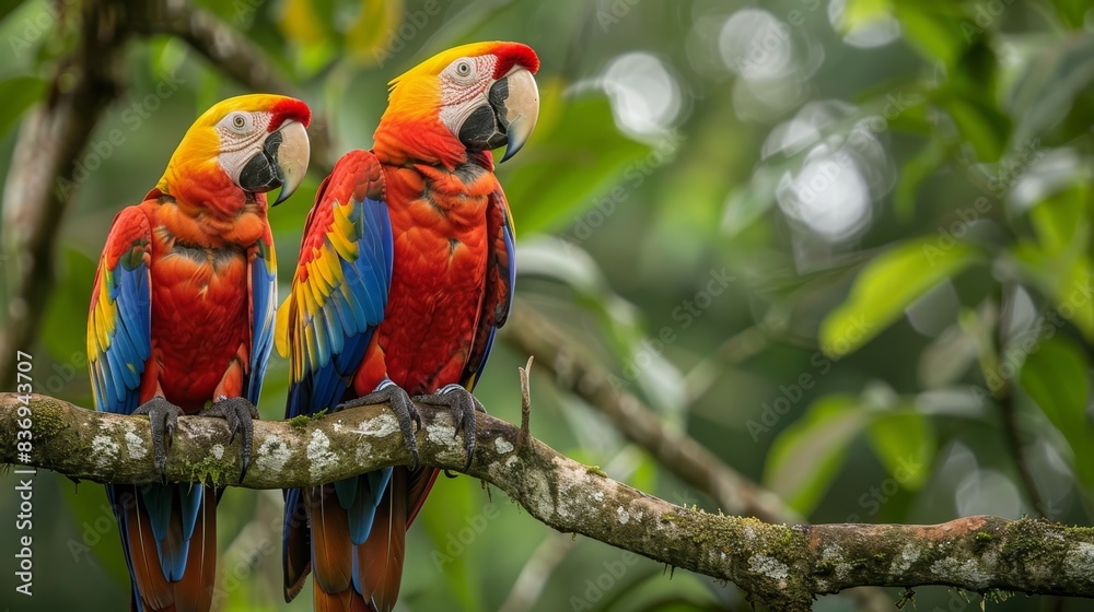 A pair of colorful macaws perched on a tree branch in the Amazon rainforest, their bright plumage blending harmoniously with the lush foliage around them. A pair of colorful macaws perched on a tree branch in the Amazon rainforest, their bright plumage blending harmoniously with the lush foliage around them.