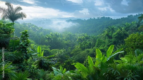 Fototapeta Naklejka Na Ścianę i Meble -  A panoramic view of a dense jungle canopy, with a variety of trees and vegetation creating a lush, green landscape.