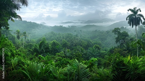 Fototapeta Naklejka Na Ścianę i Meble -  A panoramic view of a dense jungle canopy, with a variety of trees and vegetation creating a lush, green landscape.