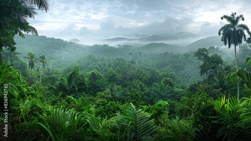 A panoramic view of a dense jungle canopy  with a variety of trees and vegetation creating a lush  green landscape.