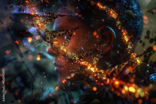 Dramatic depiction of a human profile overlaid with glittering DNA structures, symbolizing the fiery essence of human life and genetic influence