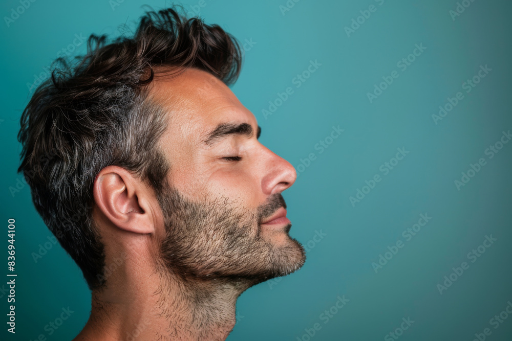 Fototapeta premium A close up of a man with beard and closed eyes looking to a side