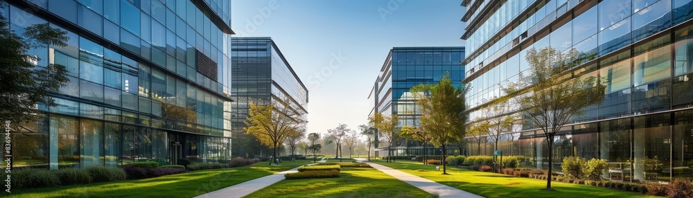Contemporary business park featuring serene green pathways between hightech buildings, ideal for real estate development portfolios Contemporary business park featuring serene green pathways between hightech buildings, ideal for real estate development portfolios