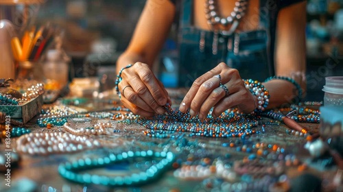 A person carefully arranging beads and charms on a bracelet, focusing on their jewelry-making hobby, with various tools and supplies scattered around.