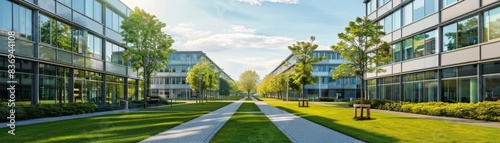 Wallpaper Mural Contemporary business park featuring serene green pathways between hightech buildings, ideal for real estate development portfolios Torontodigital.ca