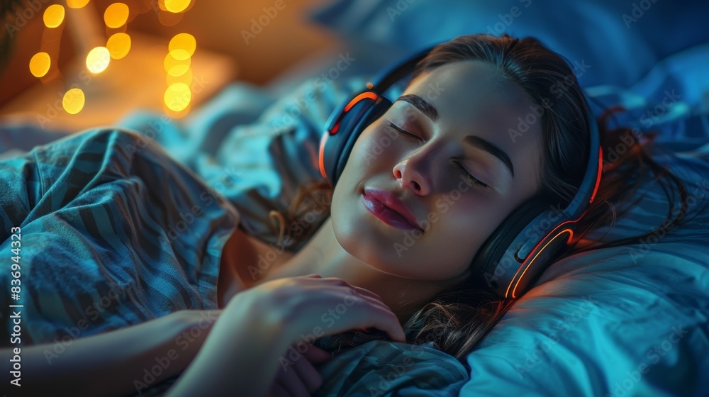 A person lying in bed with eyes closed, listening to calming music through headphones, using music to help them relax and fall asleep.