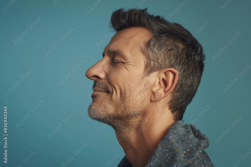 Fototapeta premium A close up of a man with beard and closed eyes looking to a side
