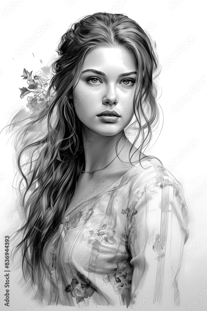 Fototapeta premium Vintage 1950s Portrait Sketch A Beautifully Rendered Illustration Capturing the Essence and Glamour of a Woman from the Golden Era, Showcasing Timeless Elegance and Classic Style Wallpaper Digital Art
