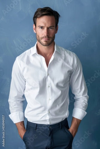 businessman in crisp white dress shirt, sleeves rolled up, standing with hands in pockets against a seamless minimal blue studio backdrop