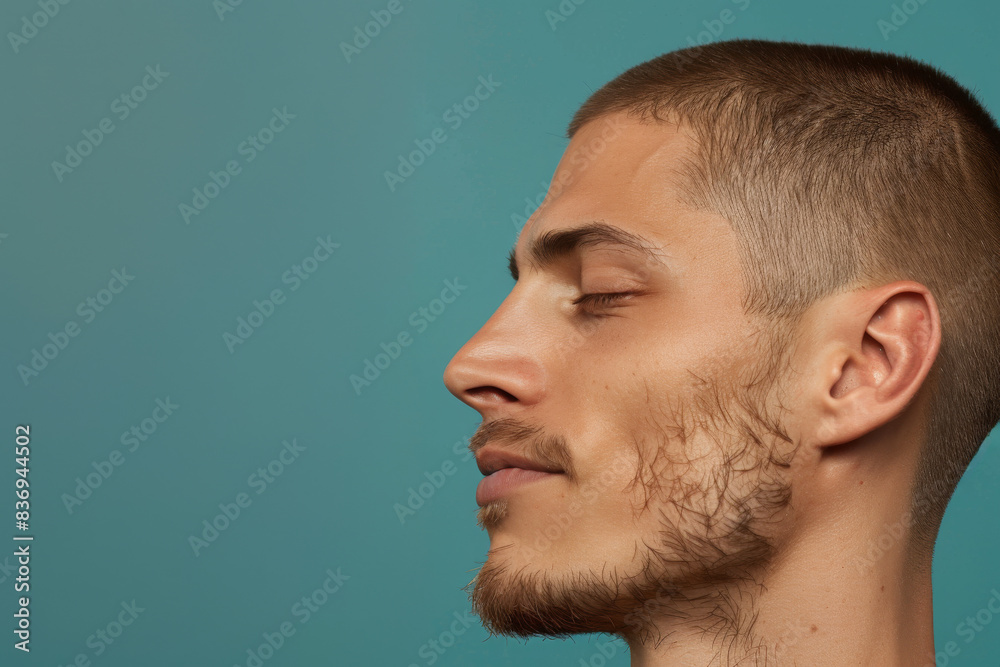 Fototapeta premium A close up of a man with beard and closed eyes looking to a side