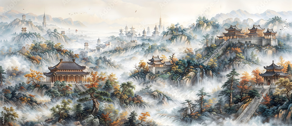 custom made wallpaper toronto digitalAI generated illustration of an Asian mountain landscape with lush trees and rolling hills
